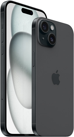 黑色 6.7 英寸 iPhone 15 Plus 的正面视图和黑色 6.1 英寸 iPhone 15 的背面视图。