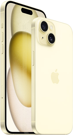黄色 6.7 英寸 iPhone 15 Plus 的正面视图和黄色 6.1 英寸 iPhone 15 的背面视图。