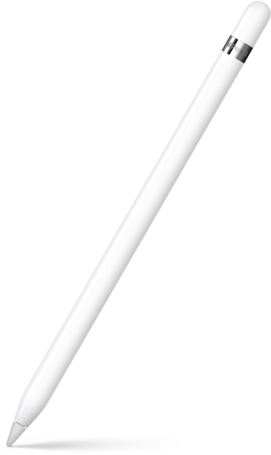 Apple Pencil 第一代，笔尖朝下以一定角度斜立。顶部展示标有产品名的银色圆环。底部显示阴影效果。