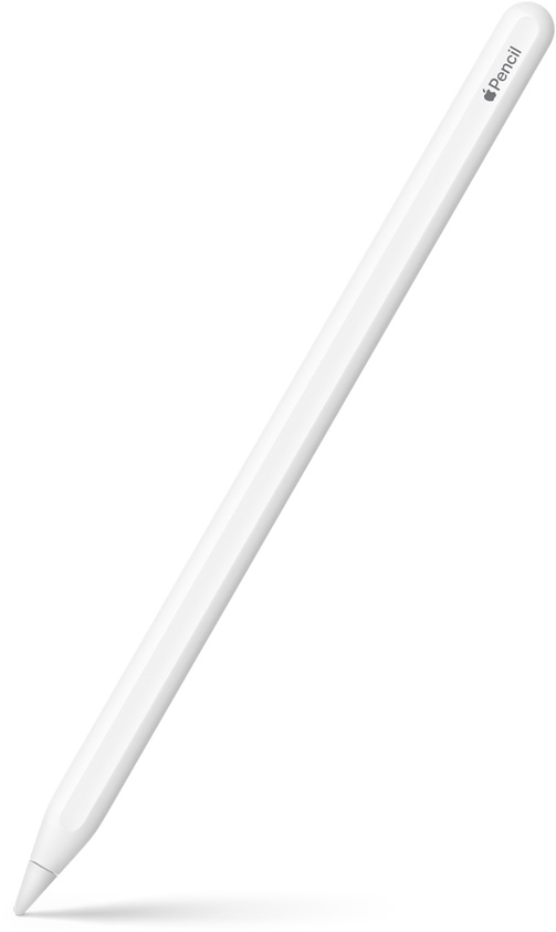 Apple Pencil 第二代，笔尖朝下以一定角度斜立。Apple Pencil 第二代顶部呈弧形，展示 Apple 标志和产品名。底部显示阴影效果