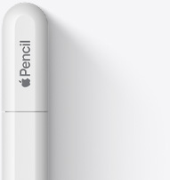 图片展示 Apple Pencil USB-C 的顶部，具有圆润的末端、Apple 标志和 Pencil 字样。 靠近末端处有一条线，表示笔帽可由此推动打开，内部端口用来与 USB-C 连接线相连。