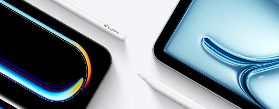 iPad Pro 的右上角部分与 Apple Pencil Pro 的顶部并排展示。iPad Air 的左上角与 Apple Pencil USB-C 的笔尖部分并排展示。