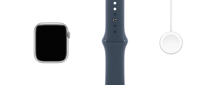 排成一行：Apple Watch Series 9、风暴蓝色运动型表带和磁力快速充电器转 USB-C 连接线的正面视图。