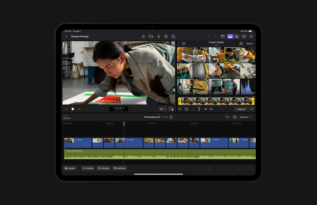 女艺术家的视频素材直接存储至 iPad Pro 上的 iPad 版 Final Cut Pro 的浏览器中。