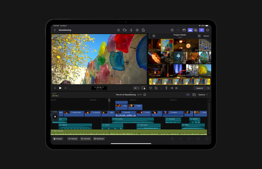 iPad 上的 iPad 版 Final Cut Pro，展示编辑中的 HDR 图像。