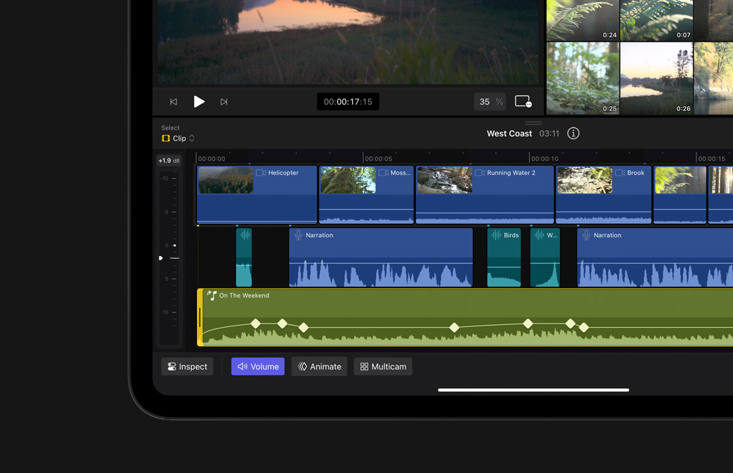 在 iPad Pro 上使用 iPad 版 Final Cut Pro，展示使用关键帧进行制作的动画视频。