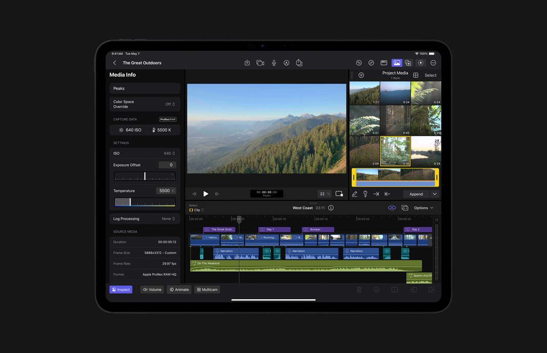 iPad Pro 上的 iPad 版 Final Cut Pro 中，ProRes Raw 素材的媒体信息界面，展示其图像数据。