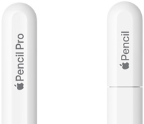 Apple Pencil Pro，圆润的尾端镌刻有 Apple Pencil Pro 字样；旁边有 Apple Pencil (USB-C)，尾端笔帽上镌刻有 Apple Pencil 字样。