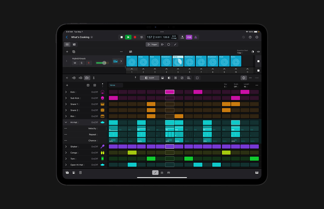 iPad 版 Logic Pro 中的步进音序器的用户界面。