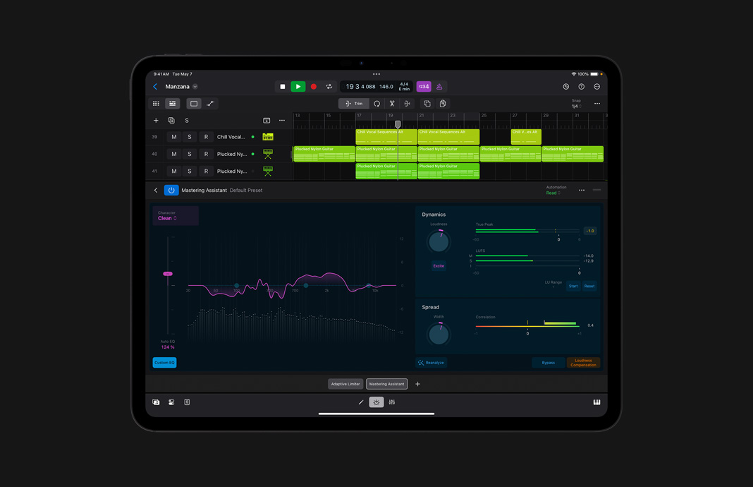 iPad Pro 展示在 iPad 版 Logic Pro 中使用过滤系统搜索所有可用声音。