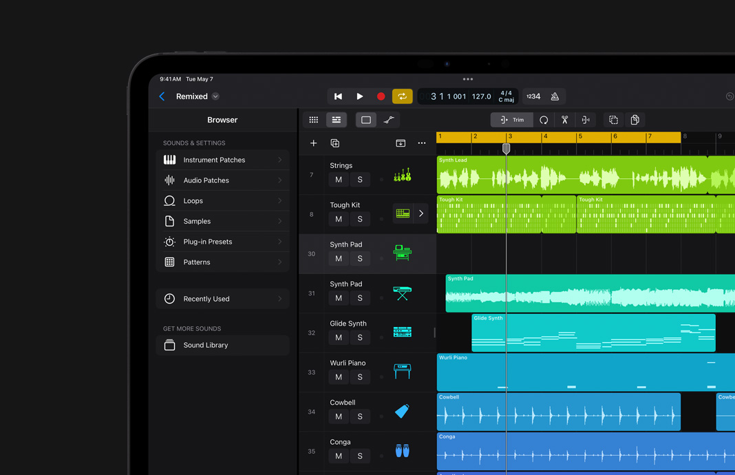 iPad Pro 展示 Logic Pro 声音资源库的速览视图。