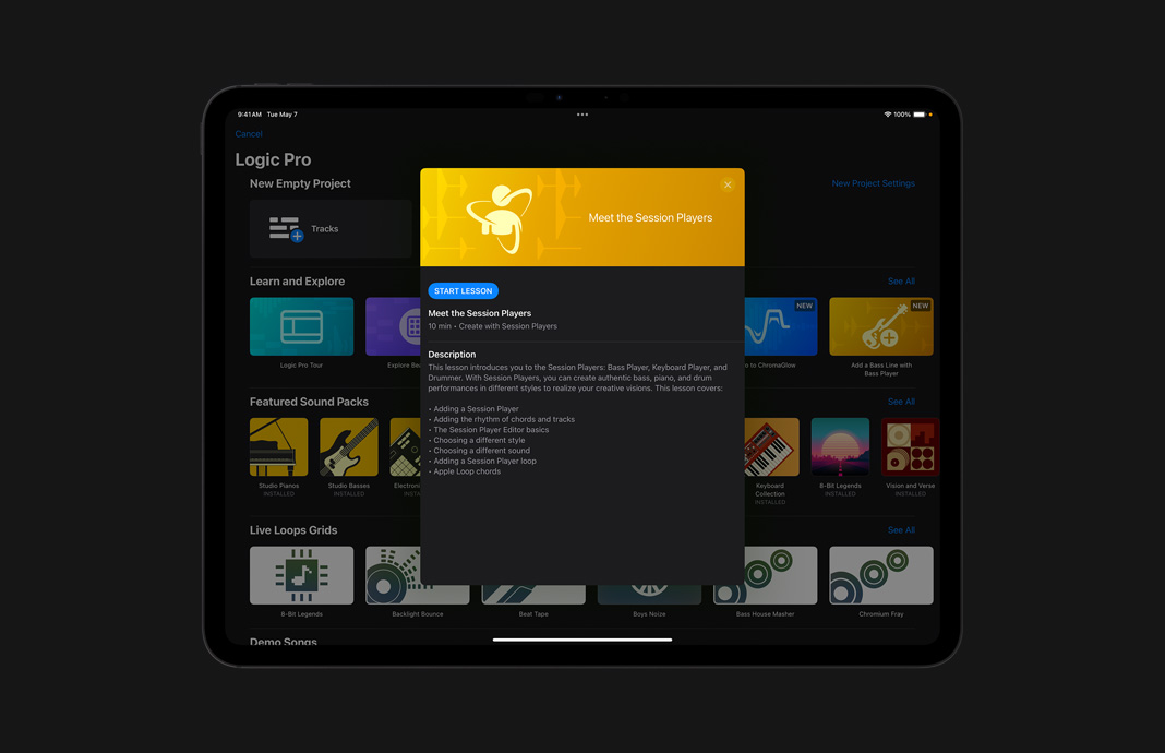 iPad Pro 展示 Logic Pro 中的一系列 app 内课程。
