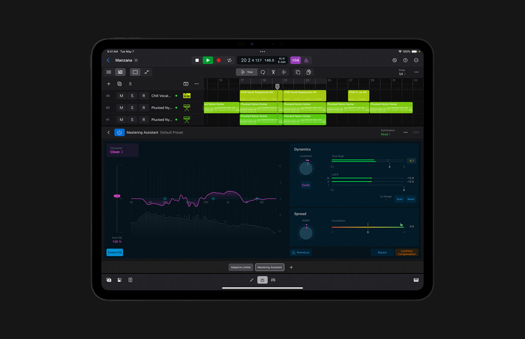 在 iPad Pro 上使用 iPad 版 Logic Pro，Mastering Assistant 用户界面显示均衡器、动态参数和 Spread 设定。