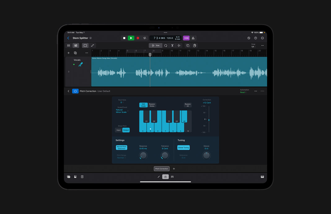 iPad 版 Logic Pro 中的音高修正用户界面。