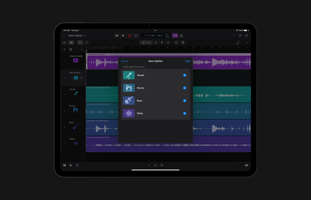 iPad Pro 展示，在 iPad 版 Logic Pro 中使用大分轨拆分器拆分音频。