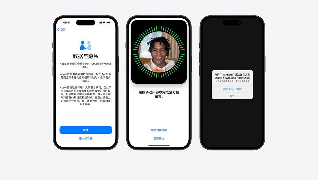  Three iPhone models display several daily privacy functions such as "face ID".