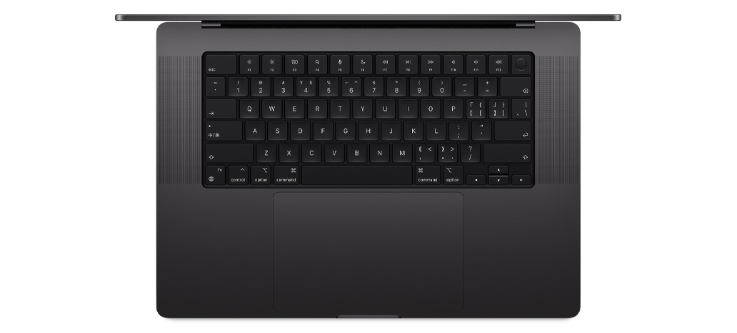 MacBook Pro 的俯视图，展示带有触控 ID 的内置妙控键盘和触控板