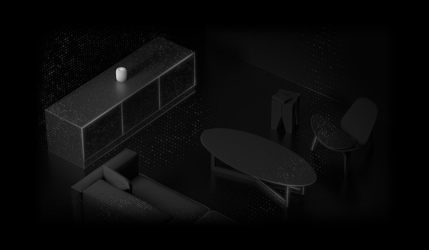 可视化展示室内空间感应。HomePod 被放置在房间里的柜子上。动态光粒子象征着从 HomePod 发出的声音在房间里扩散开来，覆盖沙发、茶几、边桌和椅子等物体。