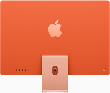 橙色 iMac 立在底座上，Apple 标志位于背部居中的位置