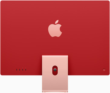 粉色 iMac 立在底座上，Apple 标志位于背部居中的位置