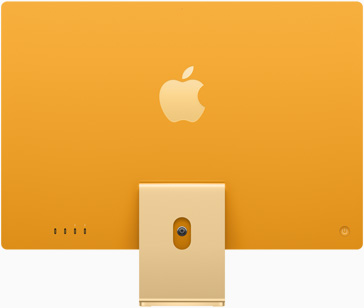 黄色 iMac 立在底座上，Apple 标志位于背部居中的位置