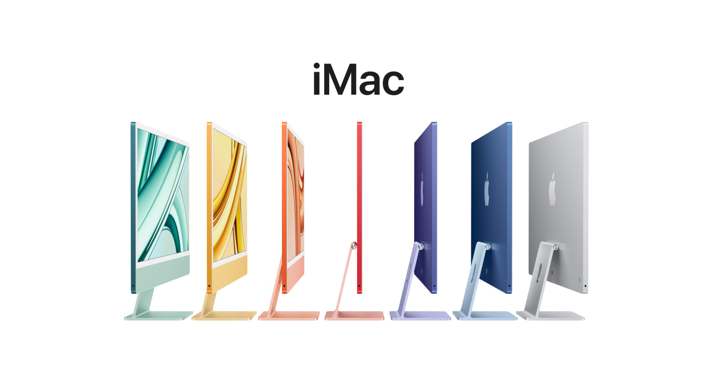 绿色、黄色、橙色、粉色、紫色、蓝色和银色 24 英寸 iMac 并排摆放，展示显示屏背部的 Apple 标志