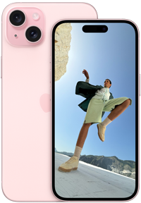  Back view of the pink 6.7 inch iPhone 15 Plus and front view of the pink 6.1 inch iPhone 15.