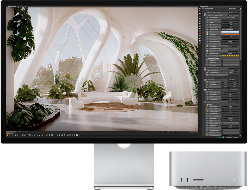 一起展示的 Studio Display 和 Mac Studio