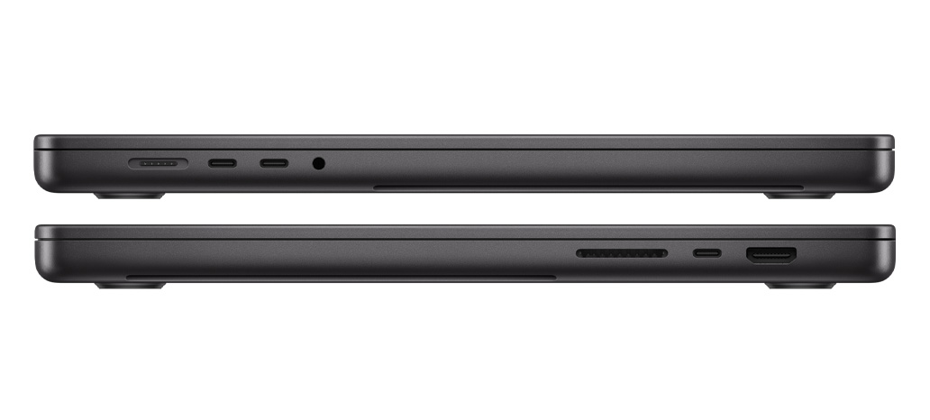 图片展示配备 M3 Pro 或 M3 Max 芯片的 MacBook Pro  机身端口：左侧为一个 MagSafe 3 端口、两个雷雳 4 端口和一个耳机插孔，右侧为 SDXC 卡插槽、一个雷雳 4 端口和 HDMI 端口