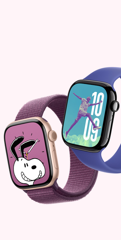  Two Apple Watch Series 10. The first one shows the Snoopy dial and is equipped with a plum color looping sports strap. The second one shows a photo dial and is equipped with a blue band. Click the plus button to learn more about personalized customization.