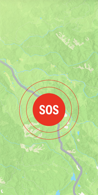  SOS emergency contact signal is displayed above a road on Apple map. Click the plus button to learn more about security features.