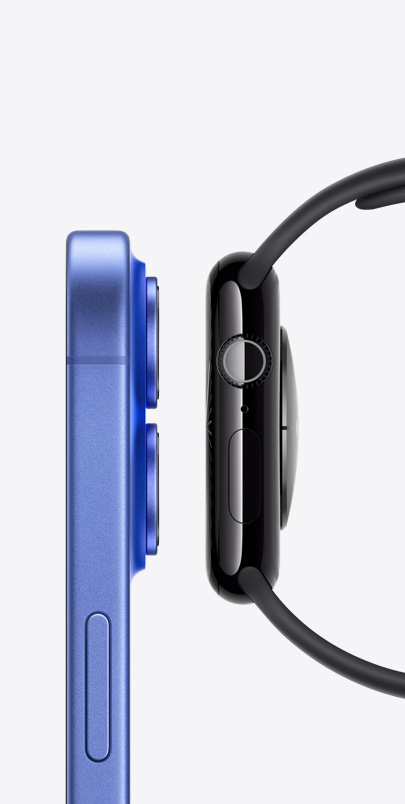  Side view of iPhone 16 and Apple Watch Series 10 side by side. Click the plus button to learn more about Apple Watch+iPhone features.