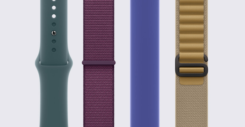  Several Apple Watch straps are placed vertically side by side.