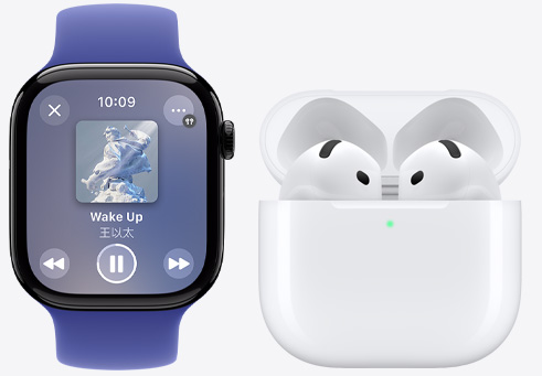  Apple Watch Series 10 and AirPods 4 are placed side by side to show that a song is playing.