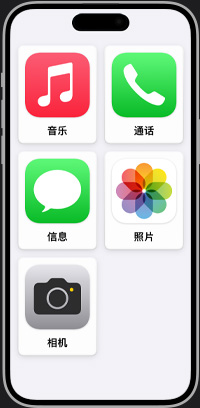 简化的 iPhone 主屏幕上，界面显示音乐、通话、信息、照片和相机 app。
