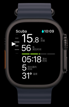 Apple Watch Ultra 2 屏幕上显示 Oceanic plus app。