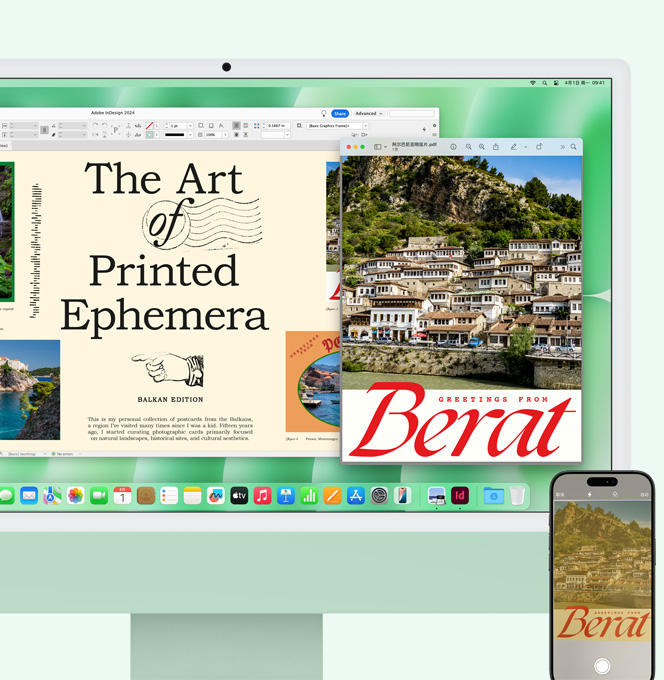 绿色 iMac 与 iPhone 并排摆放，显示用 iPhone 扫描的一份文档出现在 iMac 屏幕上。