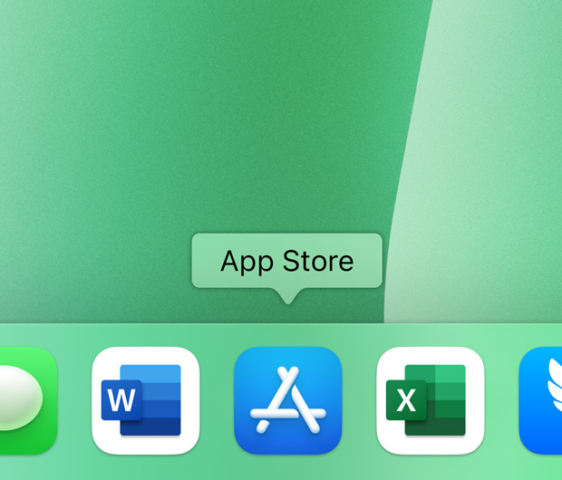 iMac 程序坞中显示多个 app 图标：信息、Microsoft Word、App Store、Microsoft Excel 和钉钉