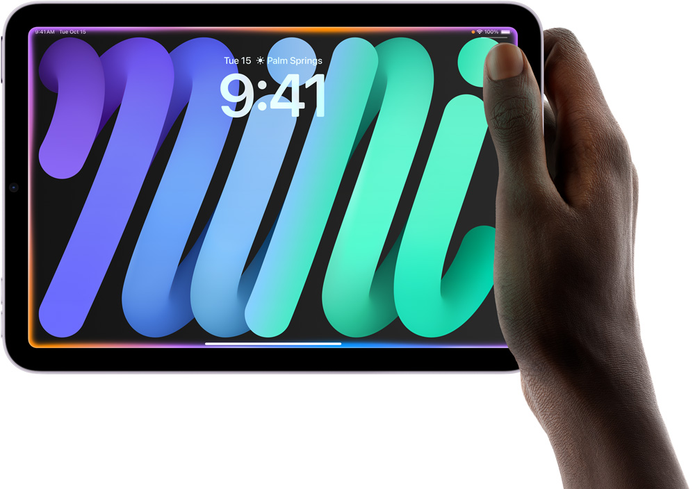 用户的一只手拿着横屏的 iPad mini。