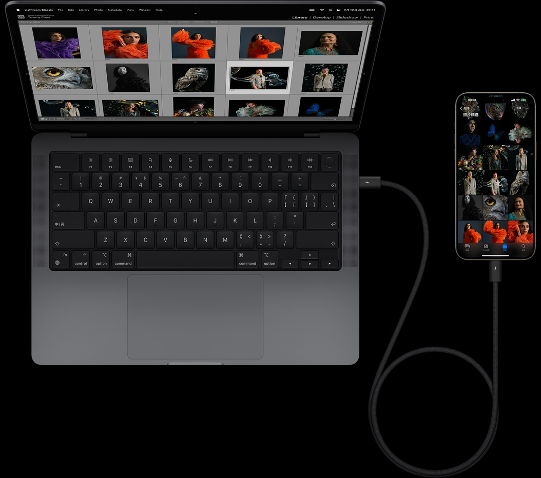 iPhone 15 Pro Max 通过 USB-C 与 14 英寸 MacBook Pro 相连
