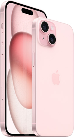 粉色 6.7 英寸 iPhone 15 Plus 的正面视图和粉色 6.1 英寸 iPhone 15 的背面视图。