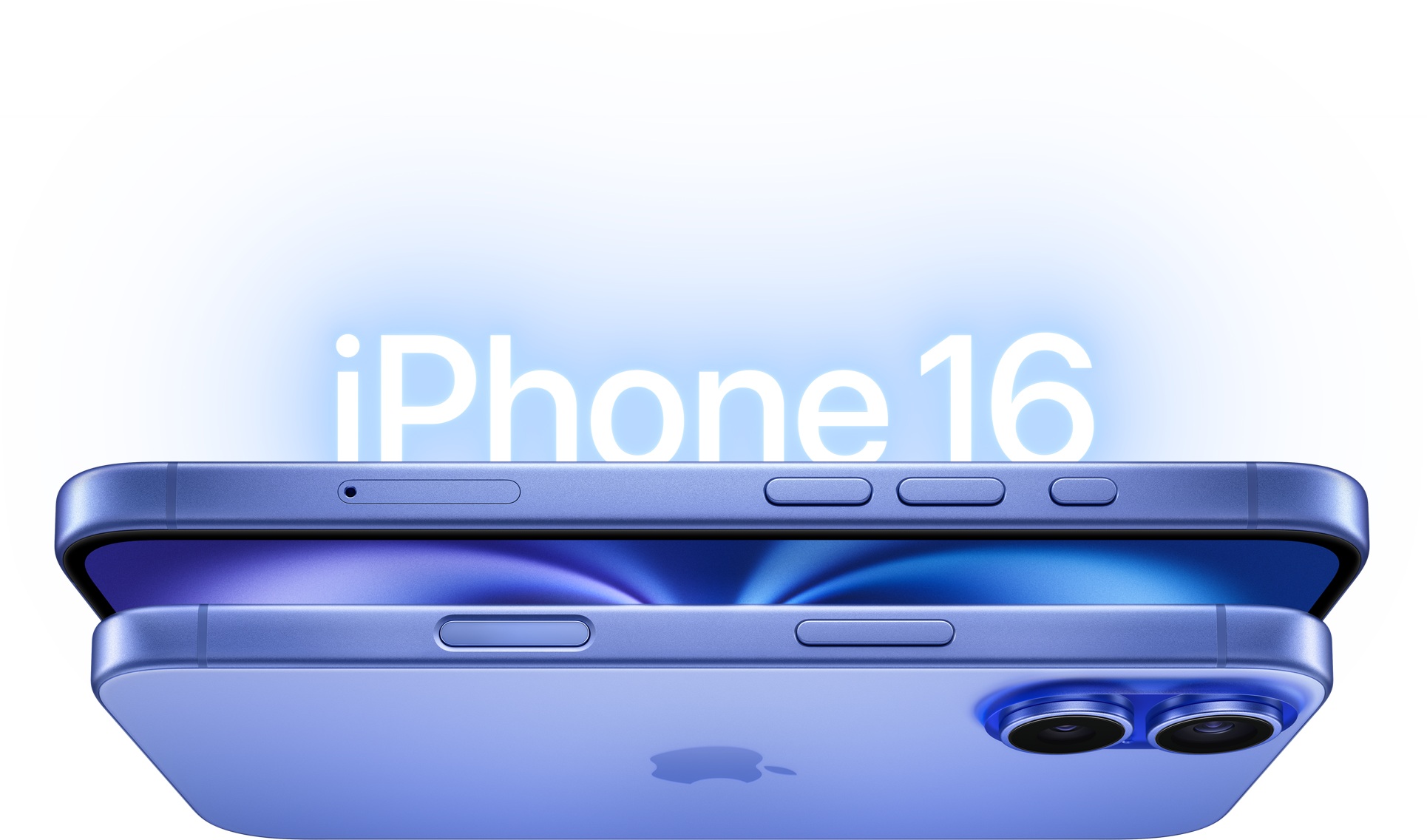 两款群青色 iPhone 16 机型，展示侧面外观、侧边按钮、凸起的双摄系统。