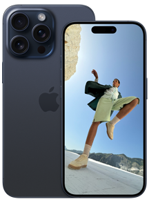 蓝色钛金属 6.7 英寸 iPhone 15 Pro Max 的背面视图，和蓝色钛金属 6.1 英寸 iPhone 15 Pro 的正面视图。