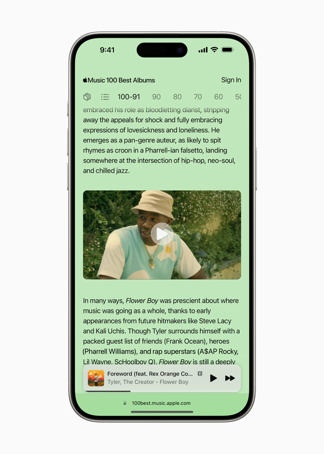 iPhone 15 Pro 显示百大最佳专辑特设网页上专辑《Flower Boy》的相关信息。