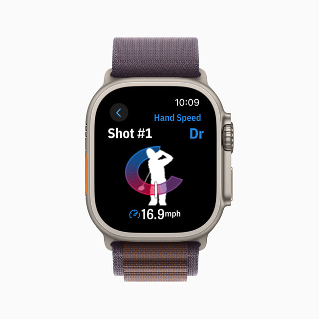 Golfshot 在 Apple Watch 上显示着手部速度数据。