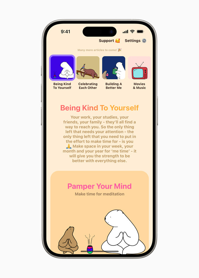 在 iPhone 15 Pro 上展示小熊感恩日记中《善待自己》的文章。