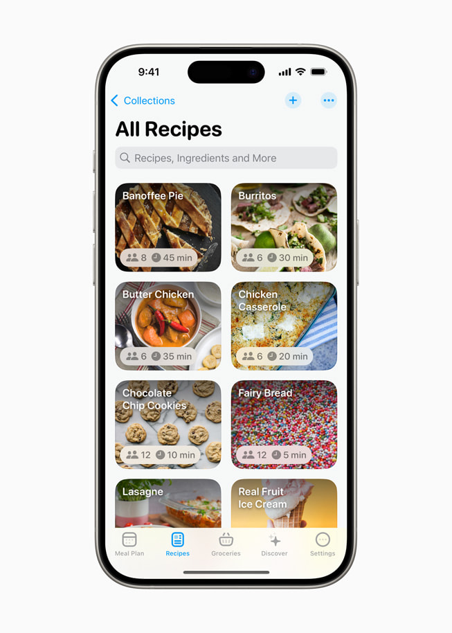 在 iPhone 15 Pro 上展示 Crouton app 的“食谱”页面。 