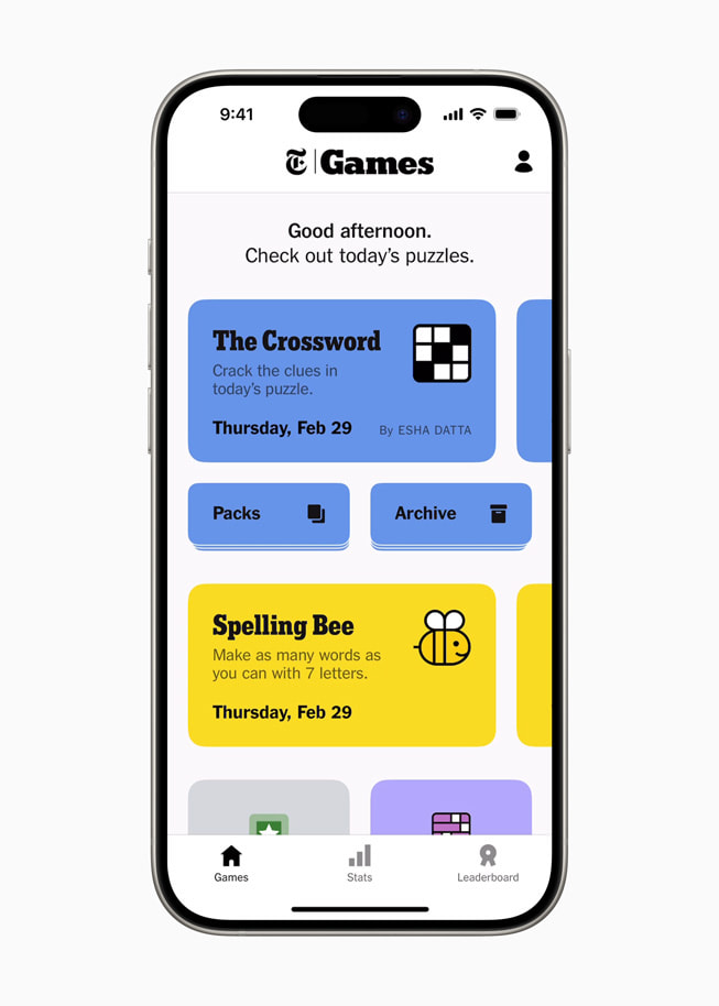 在 iPhone 15 Pro 上展示 New York Times Games 的游戏页面。 