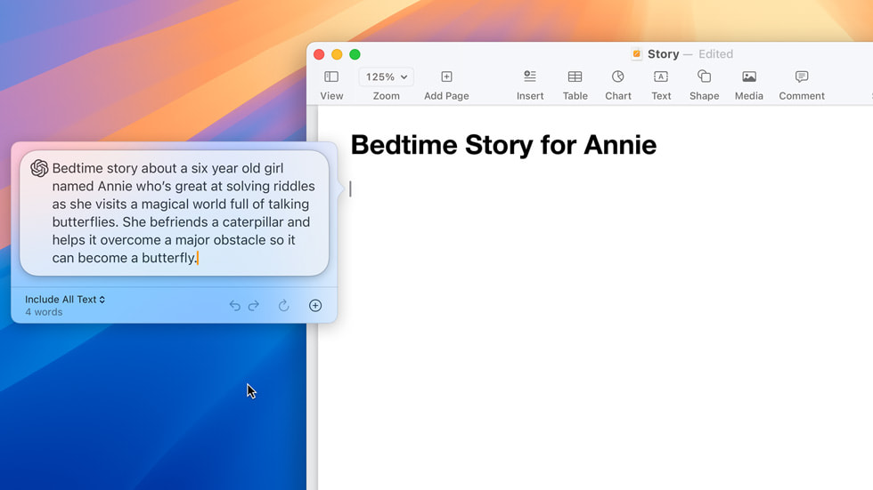 一名用户在 Pages 文稿 app 中使用 Compose 功能，输入了一段提示词，内容是创作一篇睡前故事，故事的主角名字叫作 Annie，年龄是 6 岁，非常擅长解谜。