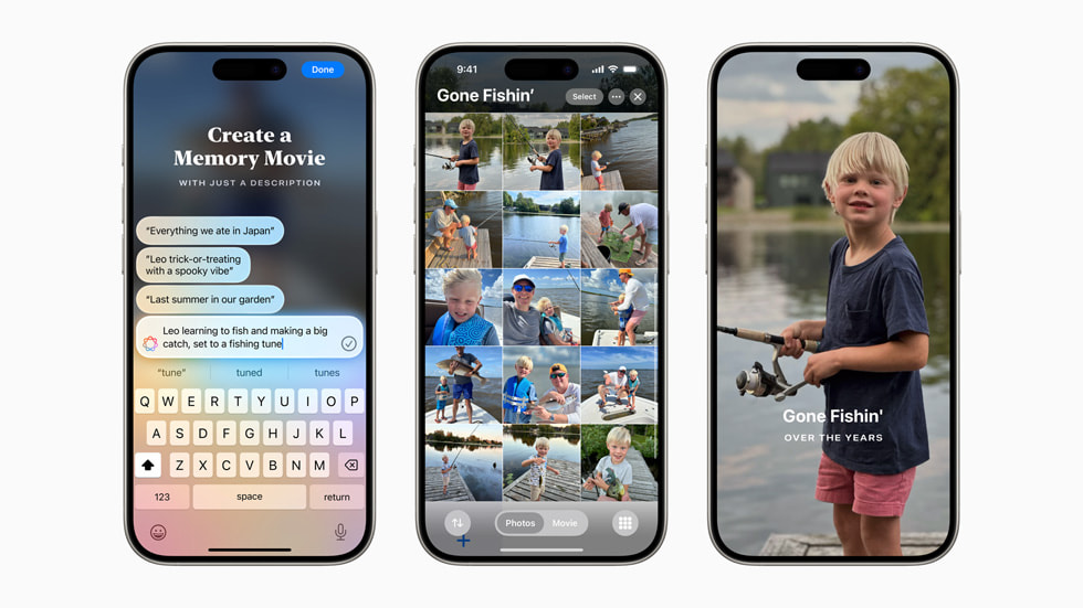 三台 Phone 15 Pro 的显示屏上在展示用户如何创作回忆影片。